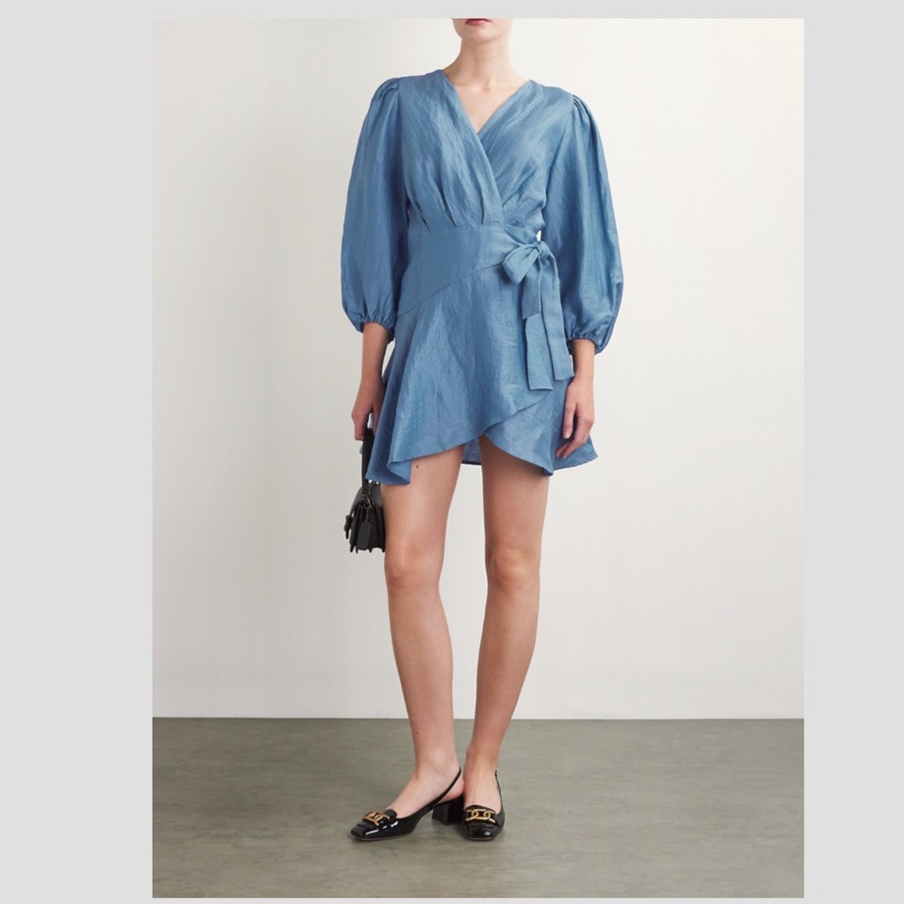 Maje Linen Wrap Mini Dress Size: 36 (US Small) in Blue